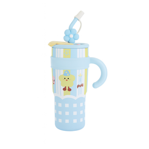blue kawaii pastel insulated tumbler 1.2L (with flower straw lid)