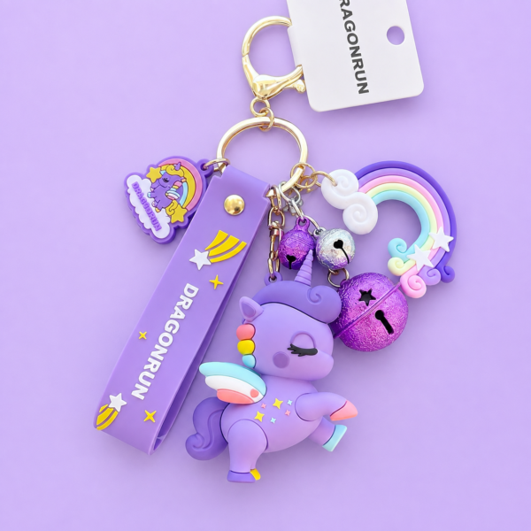 Purple Rainbow Unicorn Pom Pom Keychain
